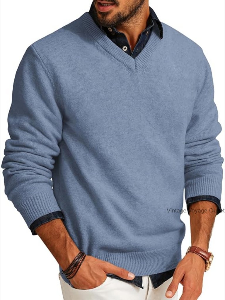 Men's V Neck Wool Blend Pullover Lightweight Long Sleeve Knit Sweater